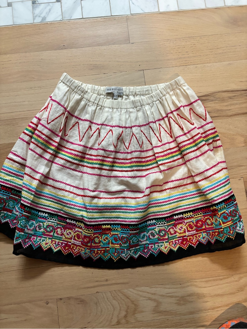 See By Chloe Cream Skirt with Multicolor Embroidery